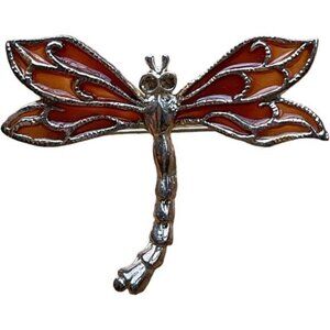 Dragonfly Dual Pendand Brooch Pin With Amber & Silver Toned Wings